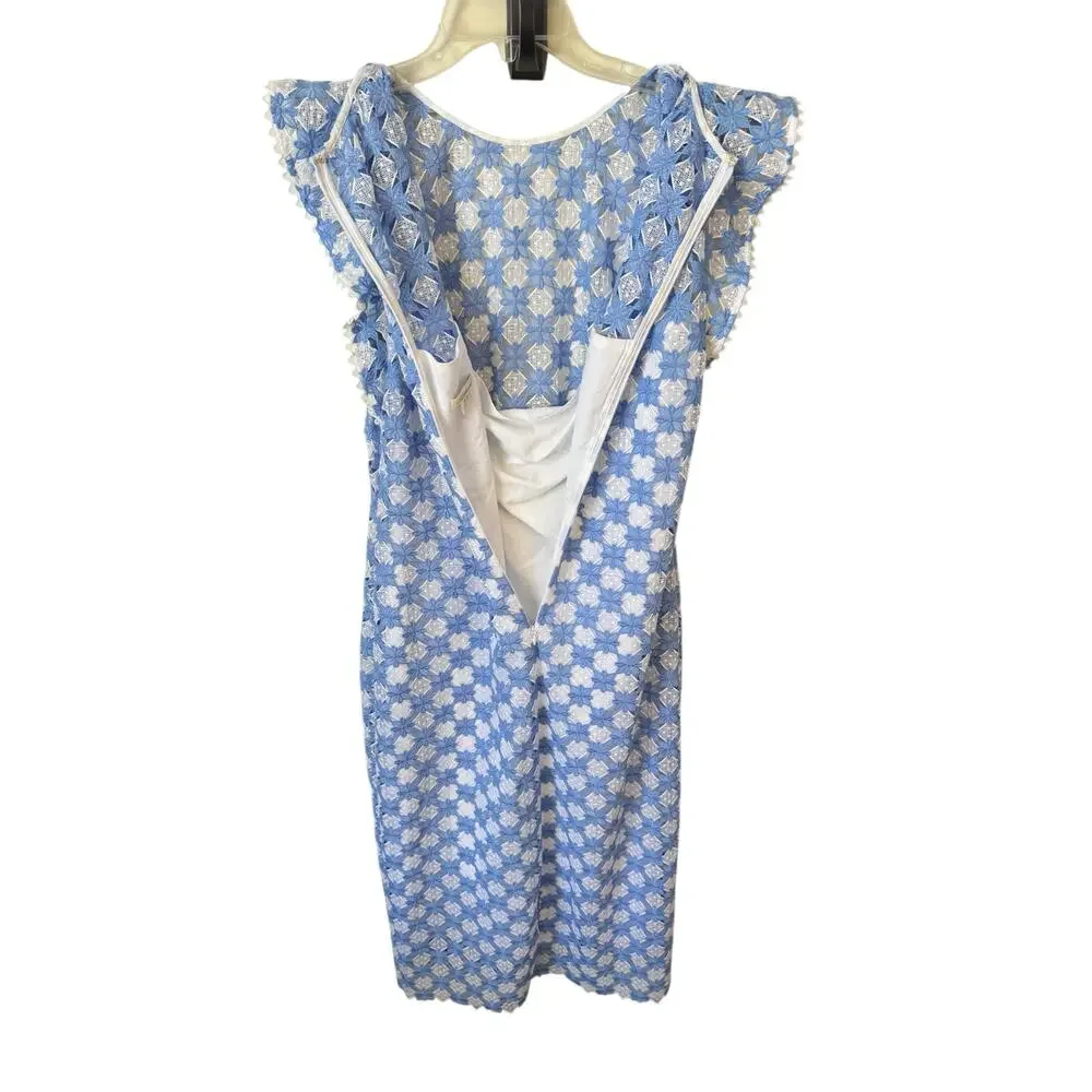 SHOSHANNA Rachel Ruffle Lace Midi Dress Size 12 Blue & White Wedding Guest - Picture 9 of 14